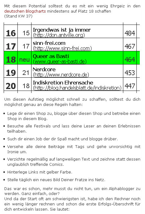Diese Tipps soll ich befolgen, um auf Platz 18 der dt. Blogcharts zu landen.